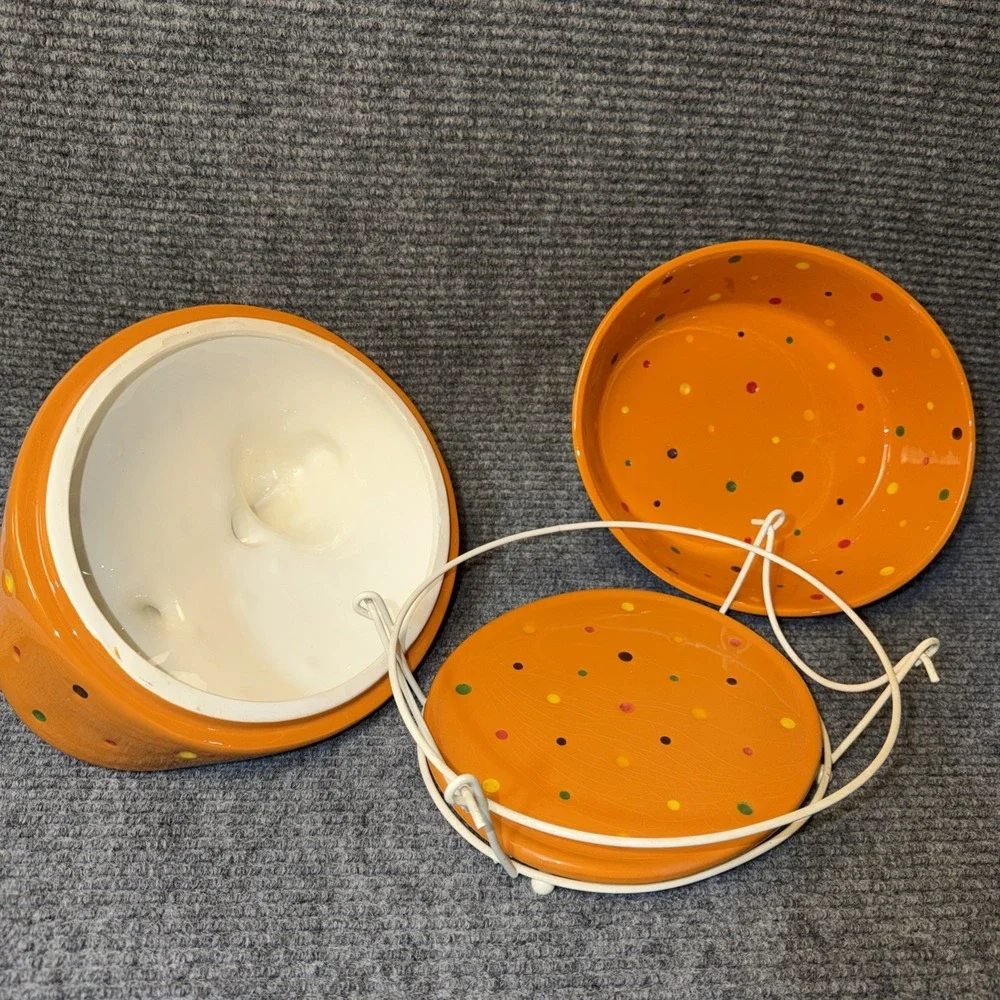 3Pc Temptations By Tara Orange Polka-Dot Hen Chicken Ovenware Basket Lid